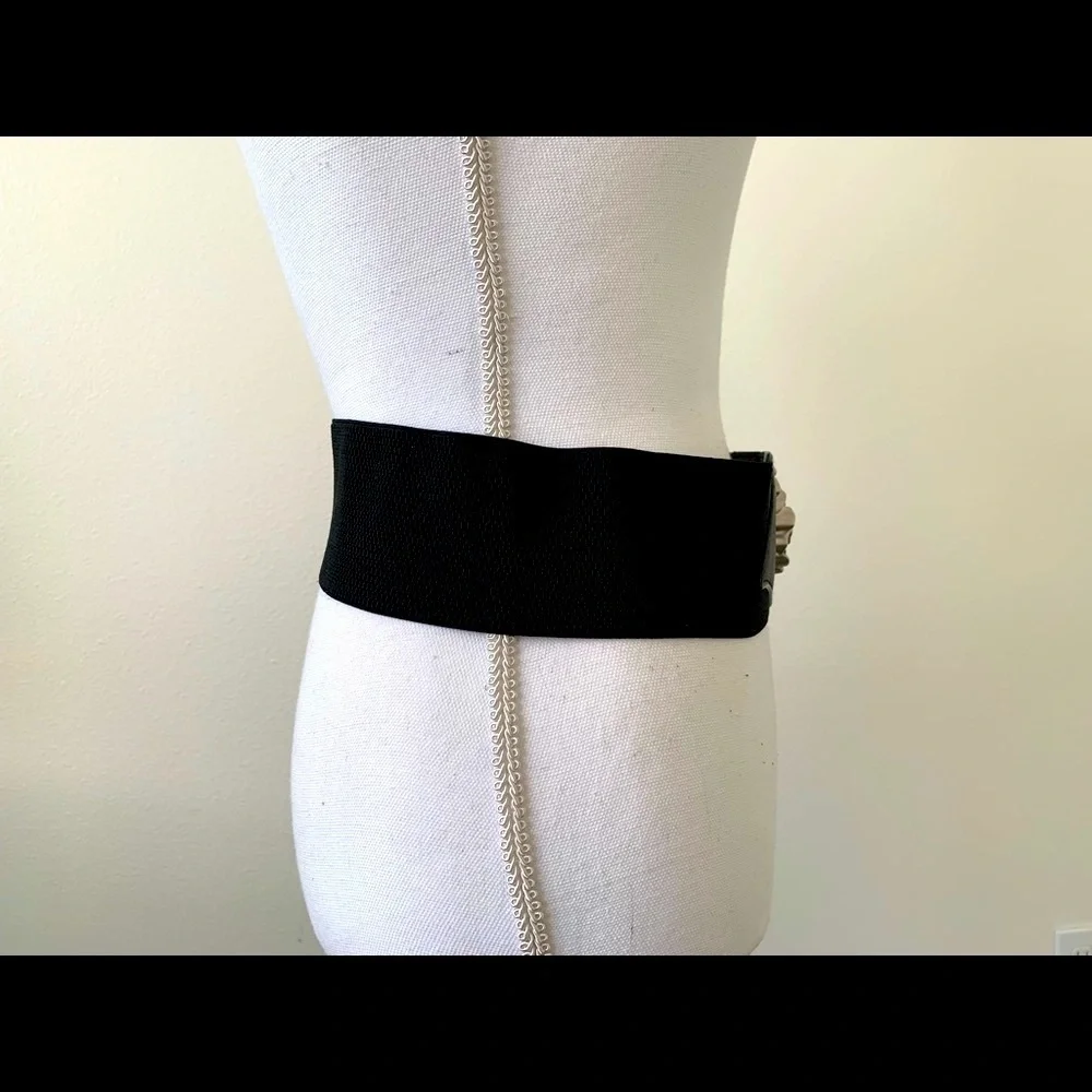Stretch Timing Elegant Black Belt with Silver Floral Buckle